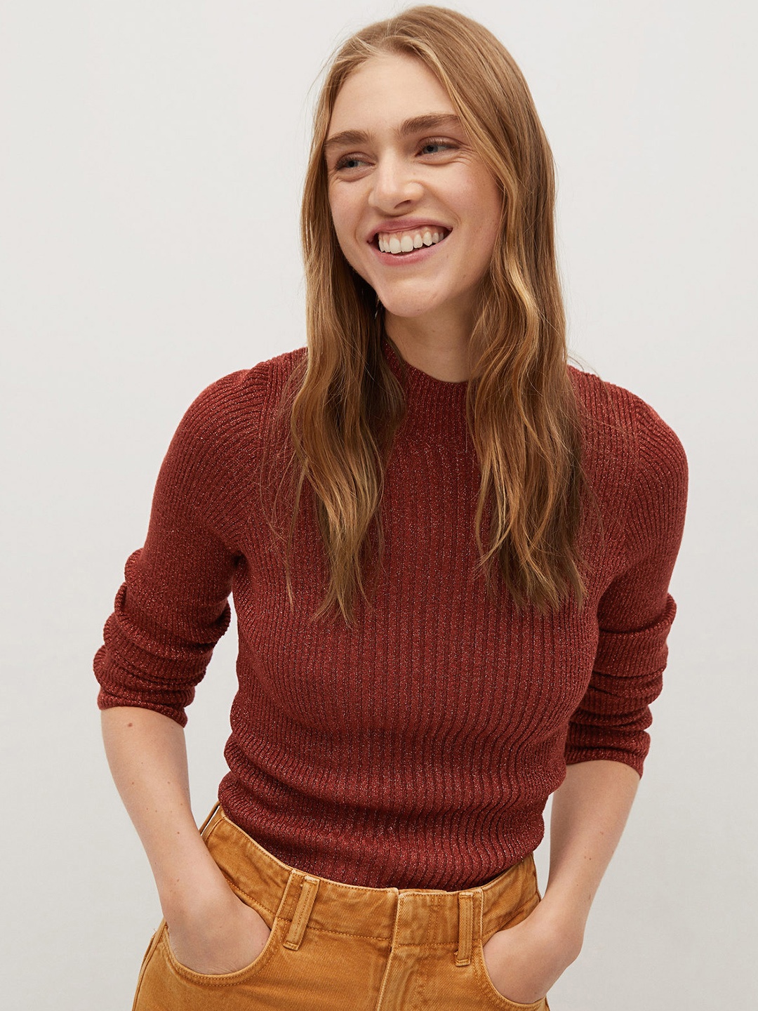 

MANGO Women Rust Red Ribbed Pullover