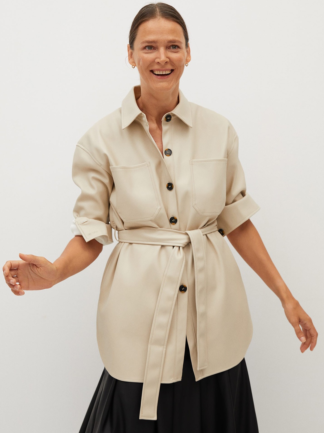 

MANGO Women Cream-Coloured Coated Regular Fit Solid Casual Shacket