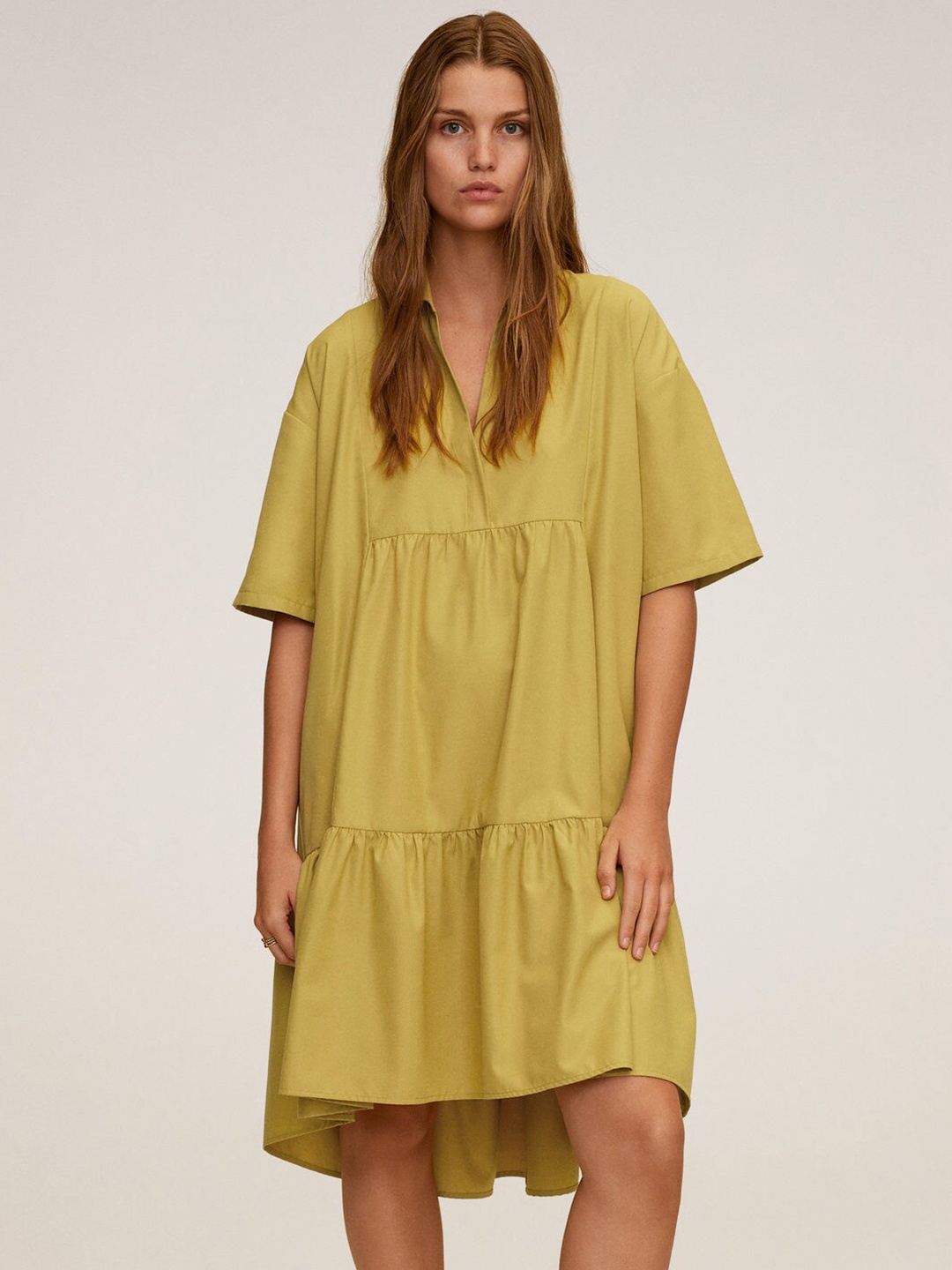 

MANGO Mustard Yellow A-Line Midi Tiered Dress