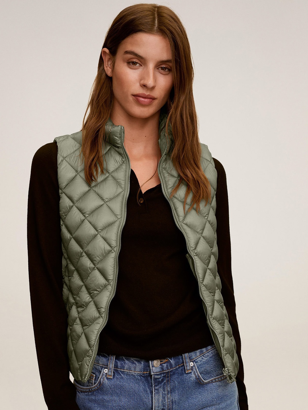 

MANGO Women Olive Green Sustainable Solid Quilted Jacket