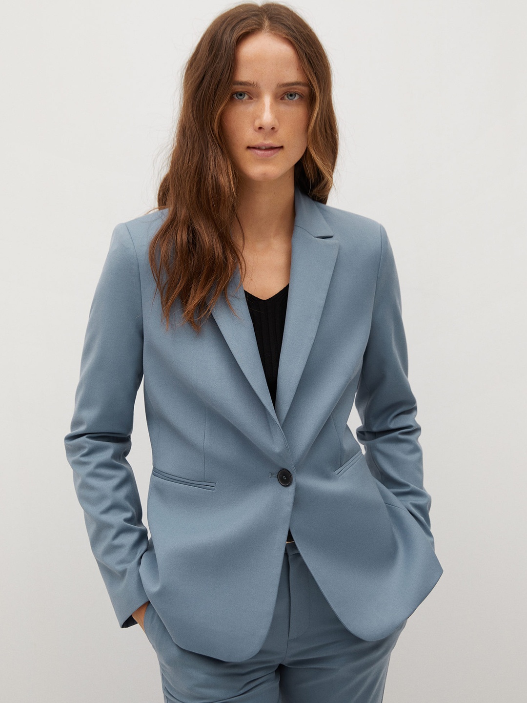 

MANGO Women Blue Solid Single-Breasted Blazer