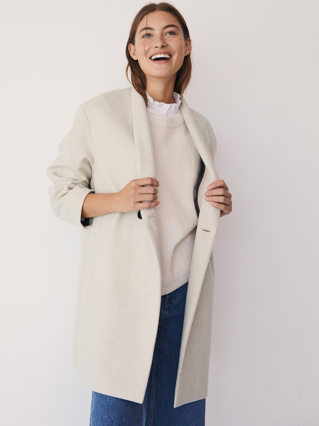 

MANGO Women Off-White Sustainable Solid Double Breasted Coat