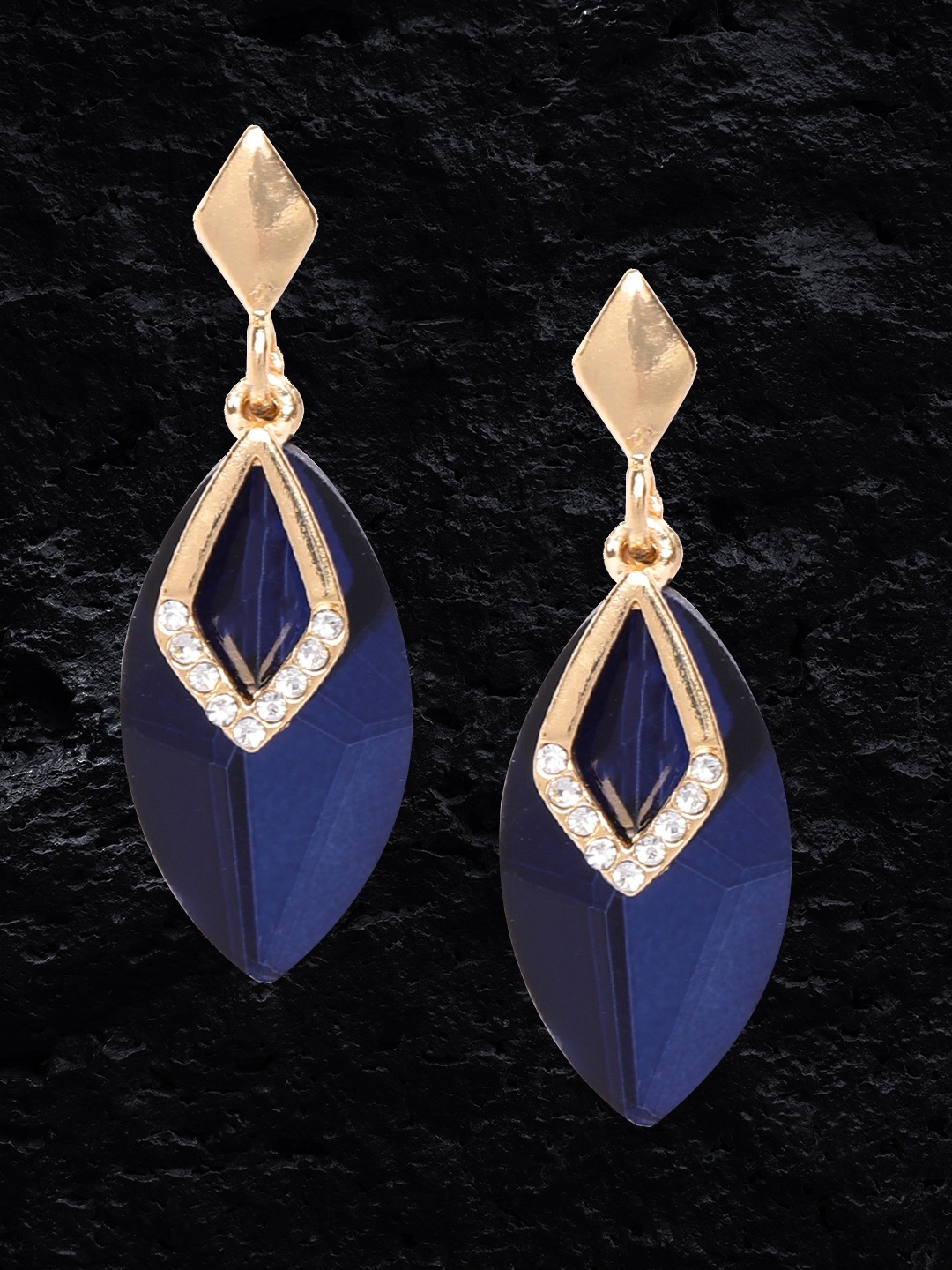 

YouBella Navy Blue Gold-Plated Stone-Studded Oval Drop Earrings