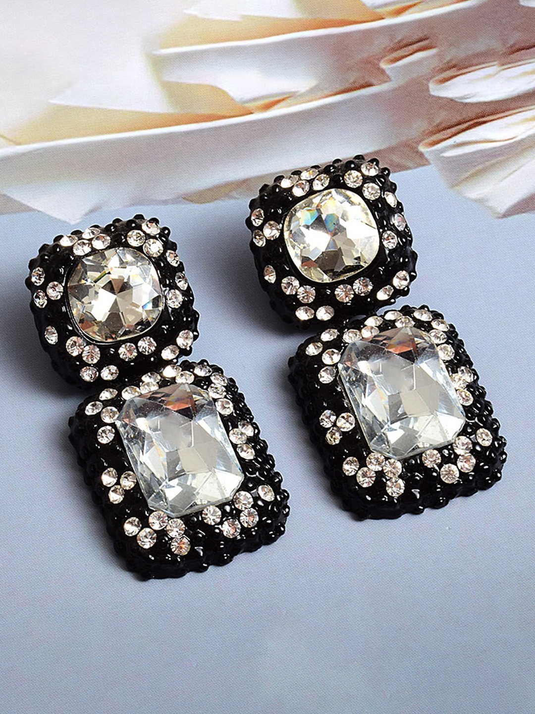 

YouBella Black Stone-Studded Geometric Drop Earrings