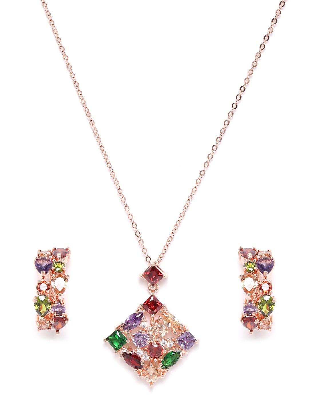 

YouBella Green & Red Rose Gold-Toned Stone Studded Diamond Shaped Jewellery Set