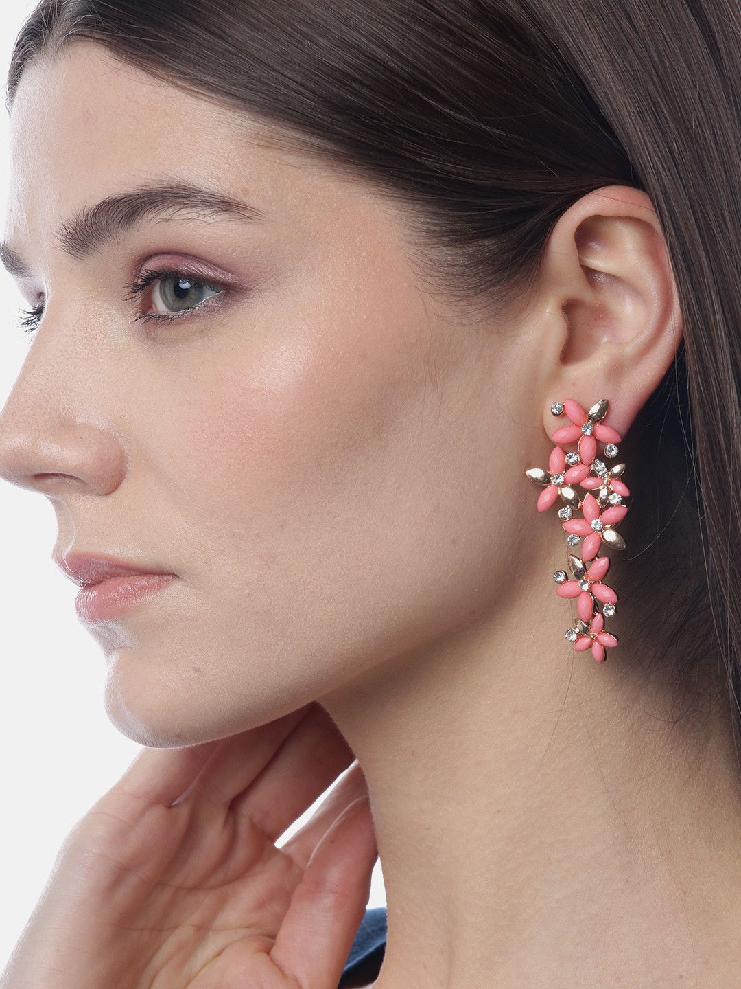 

YouBella Pink Gold-Plated Stone-Studded Floral Drop Earrings