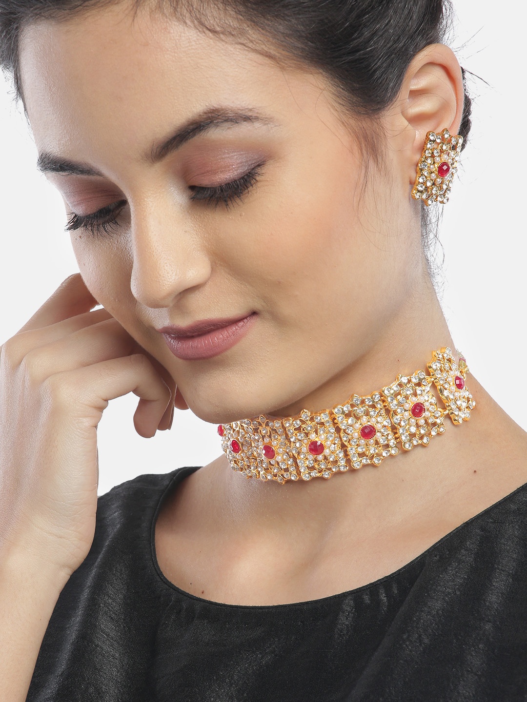 

YouBella Red & Cream-Coloured Gold-Plated Stone Studded & Beaded Jewellery Set