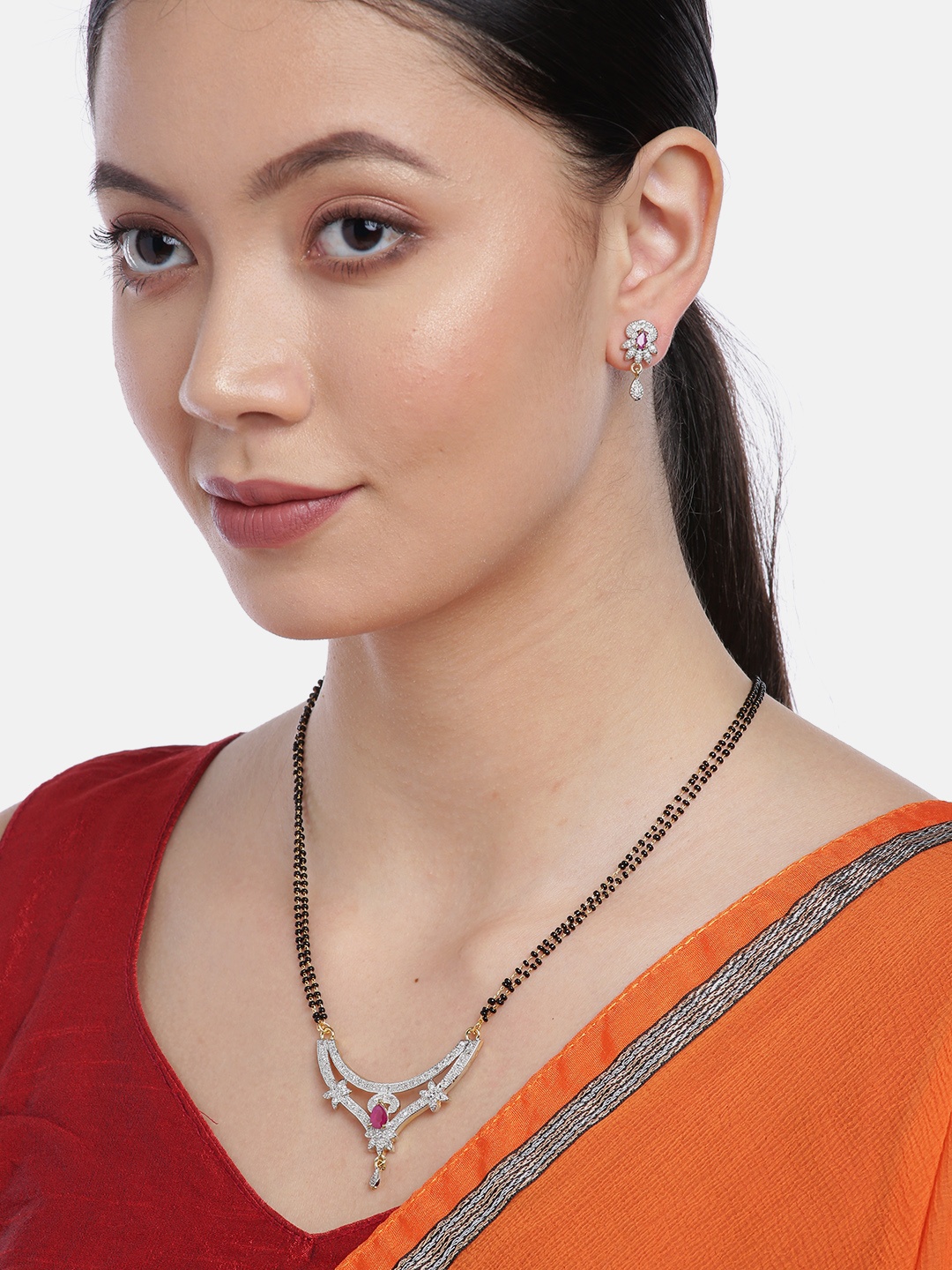 

YouBella Black & Magenta Gold-Plated Stone-Studded & Beaded Mangalsutra with Earrings