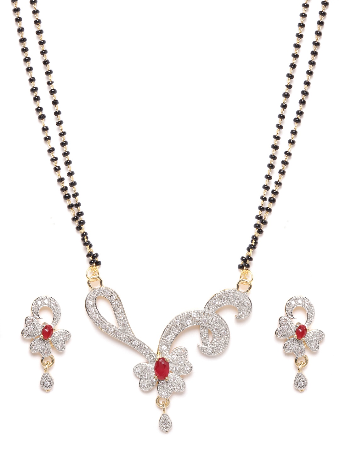 

YouBella Black & Pink Gold-Plated Stone-Studded & Beaded Mangalsutra with Earrings