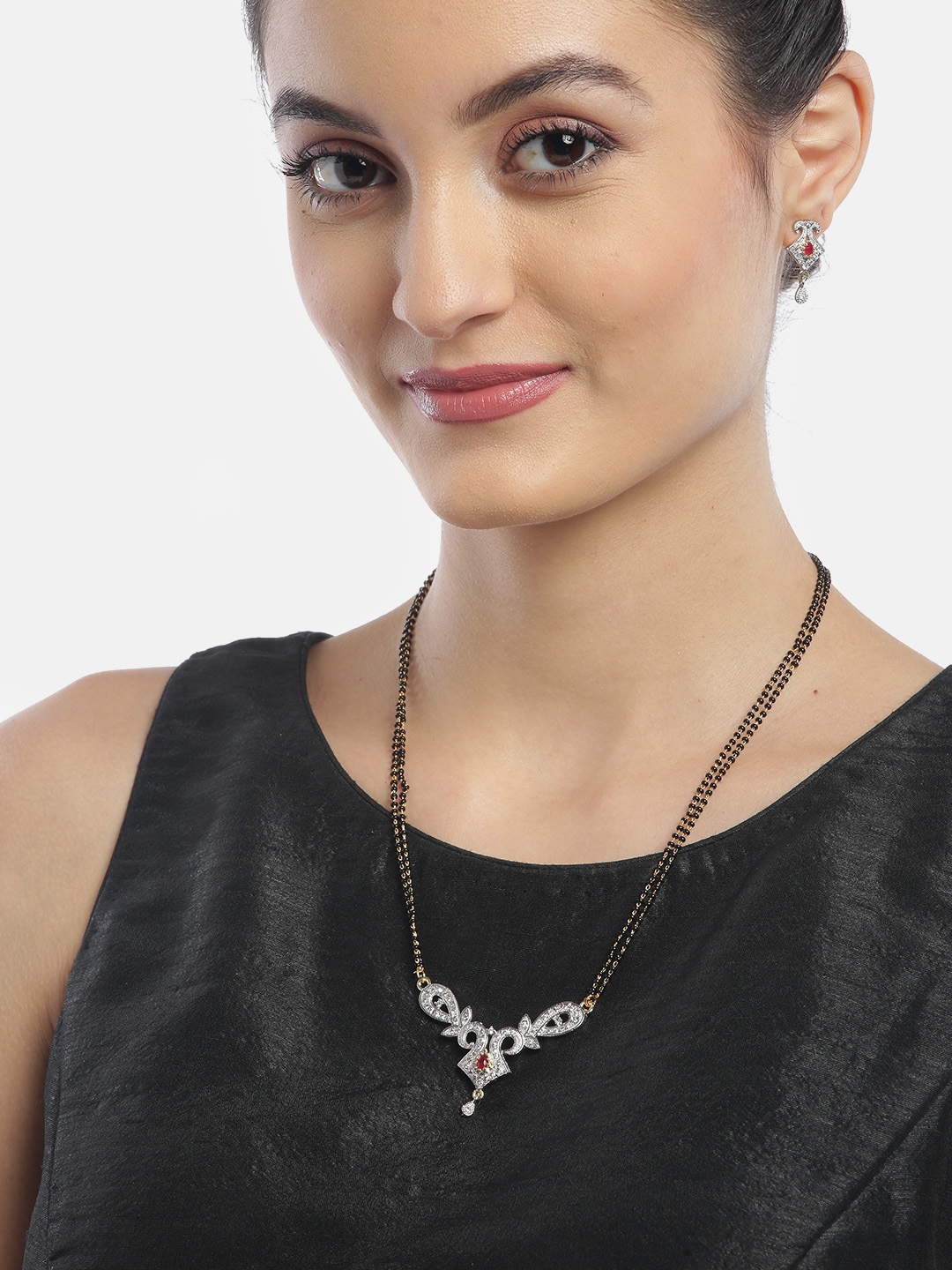 

YouBella Black Gold-Plated Beaded & Stone-Studded Mangalsutra & Earrings Set