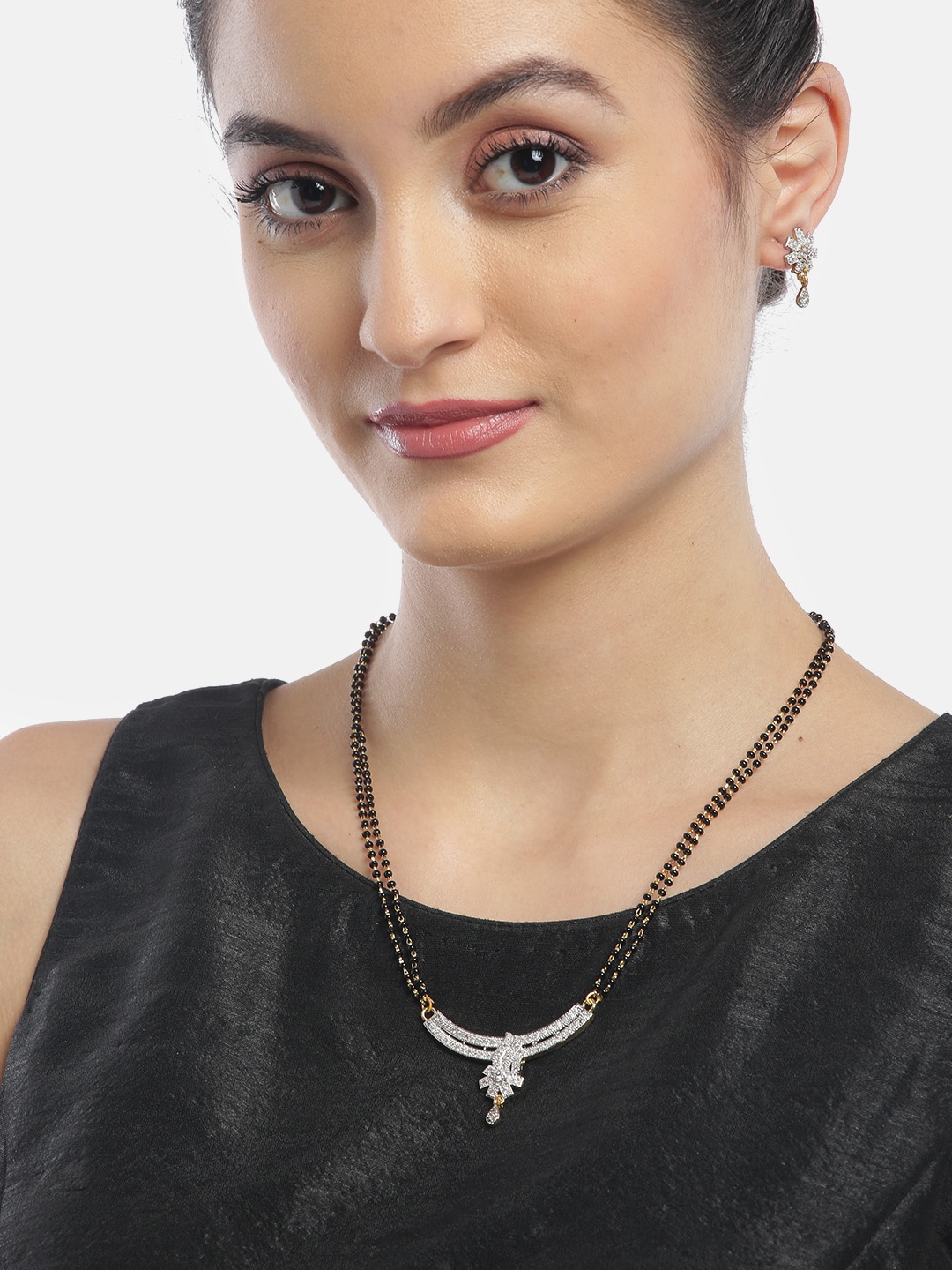 

YouBella Black Gold-Plated Beaded & Stone-Studded Mangalsutra & Earrings Set
