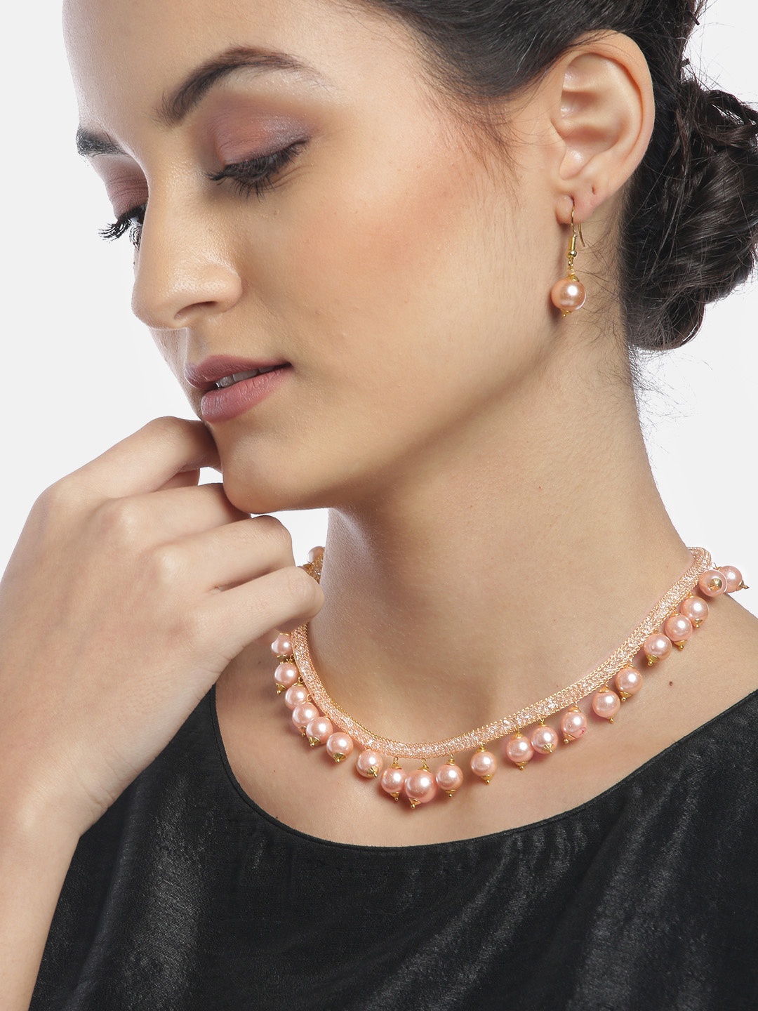 

YouBella Pink Gold-Plated Stone-Studded Beaded Jewellery Set