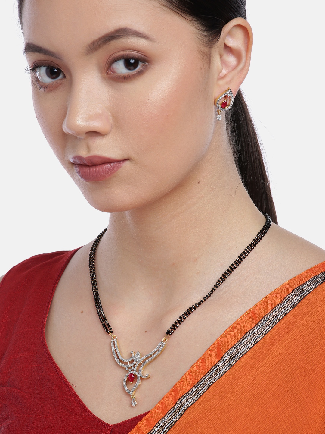 

YouBella Black & Pink Gold-Plated Stone-Studded & Beaded Mangalsutra with Studs