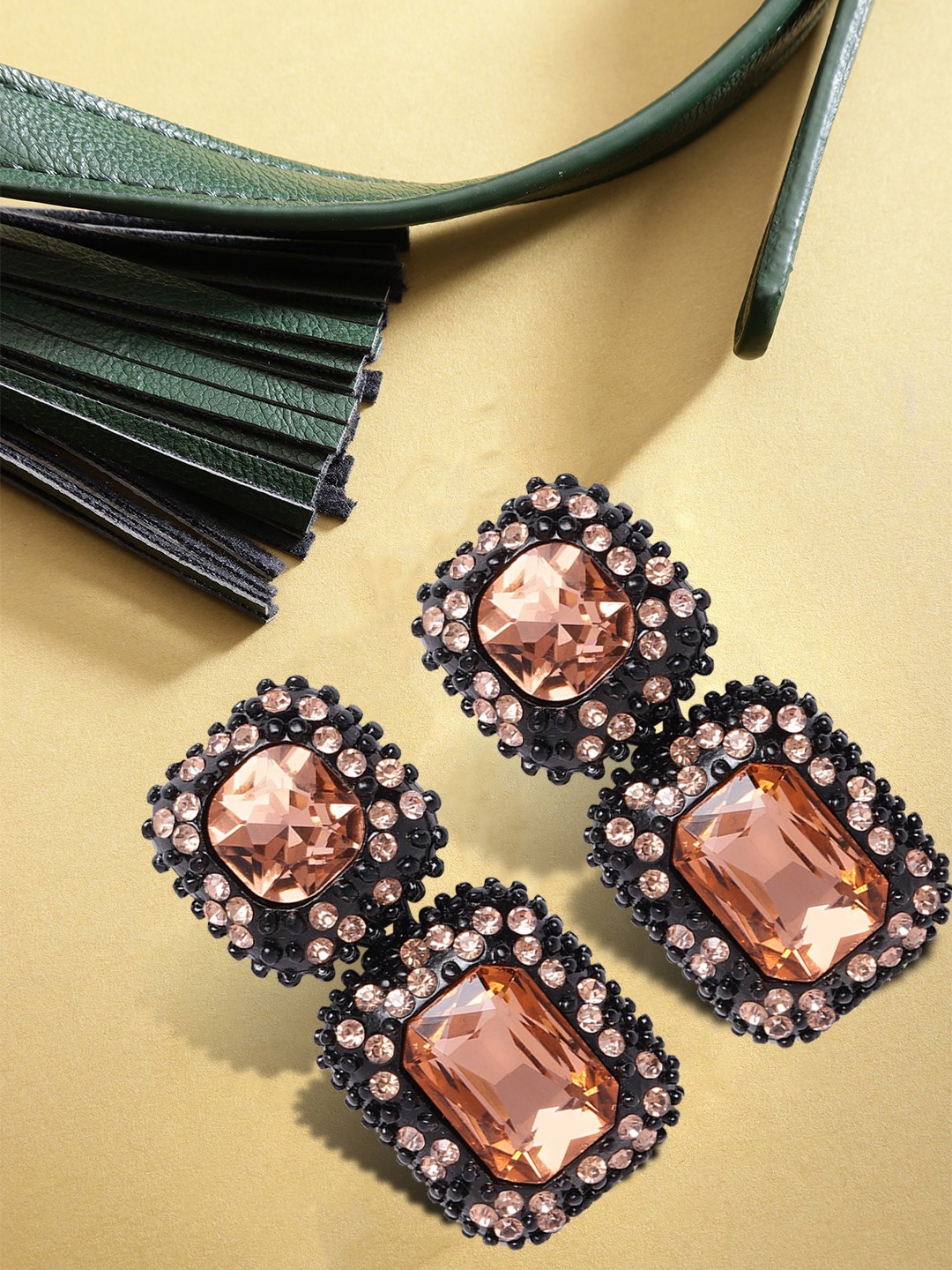 

YouBella Peach-Coloured & Black Stone Studded Geometric Drop Earrings