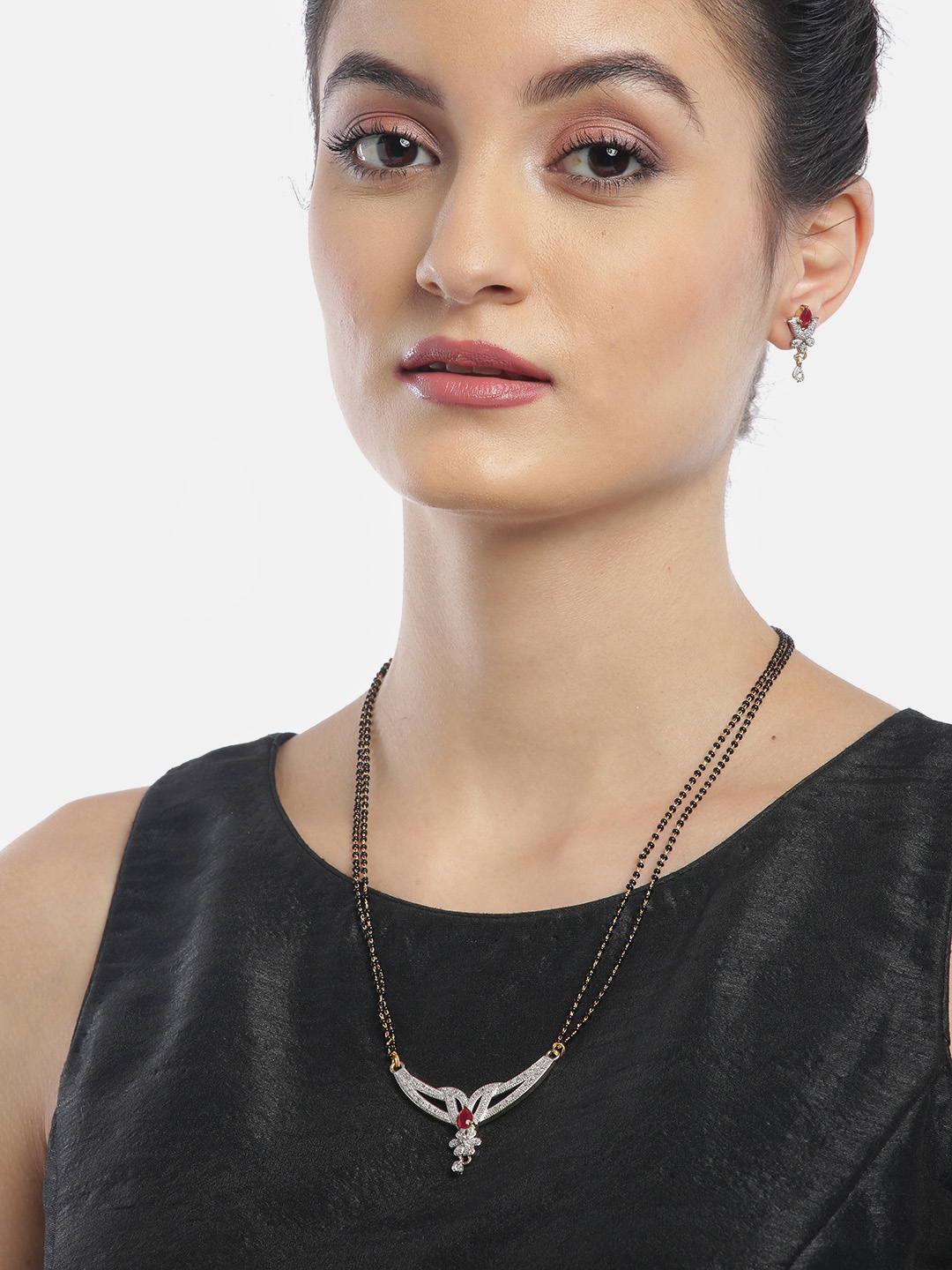 

YouBella Black & Pink Gold-Plated Beaded & Stone-Studded Mangalsutra & Earrings Set