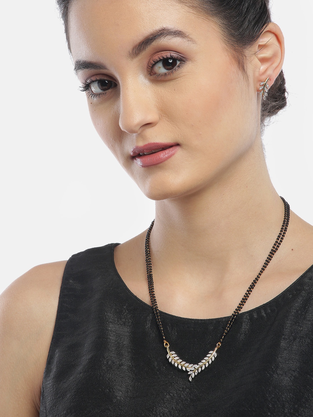 

YouBella Black Gold-Plated Beaded & Stone-Studded Mangalsutra & Earrings Set