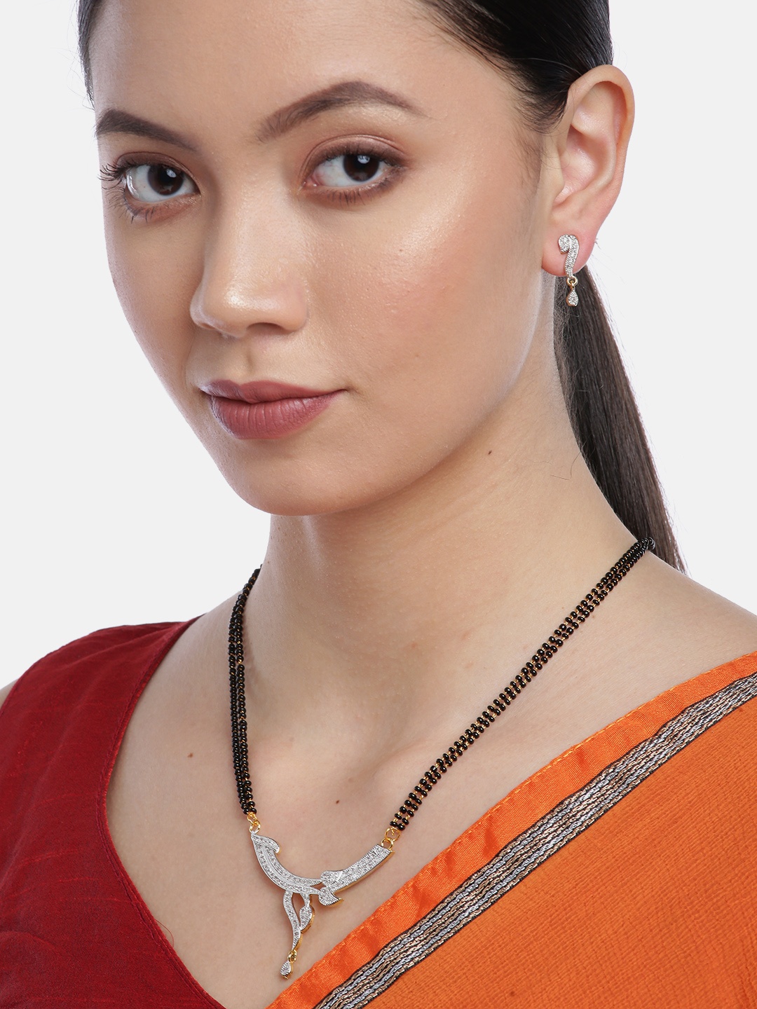 

YouBella Black Gold-Plated Stone-Studded & Beaded Dual-Stranded Mangalsutra with Earrings