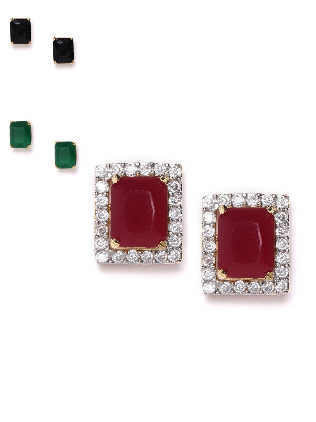 

YouBella Set of 3 Stone-Studded Gold-Plated Interchangeable Geometric Studs, Maroon