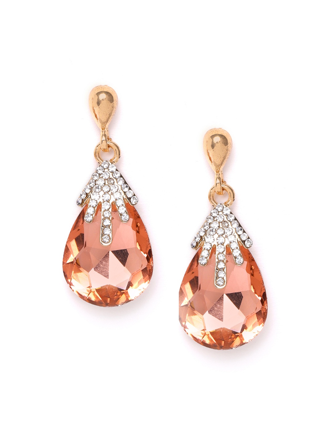 

YouBella Peach-Coloured Gold-Plated Stone-Studded Teardrop-Shaped Drop Earrings