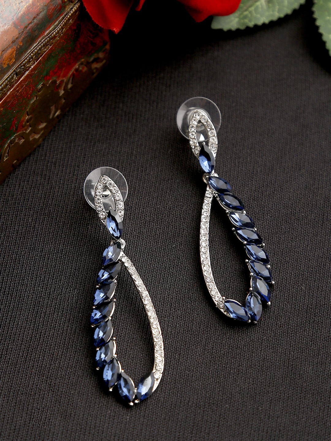 

YouBella Navy Blue Silver-Plated Stone-Studded Contemporary Drop Earrings