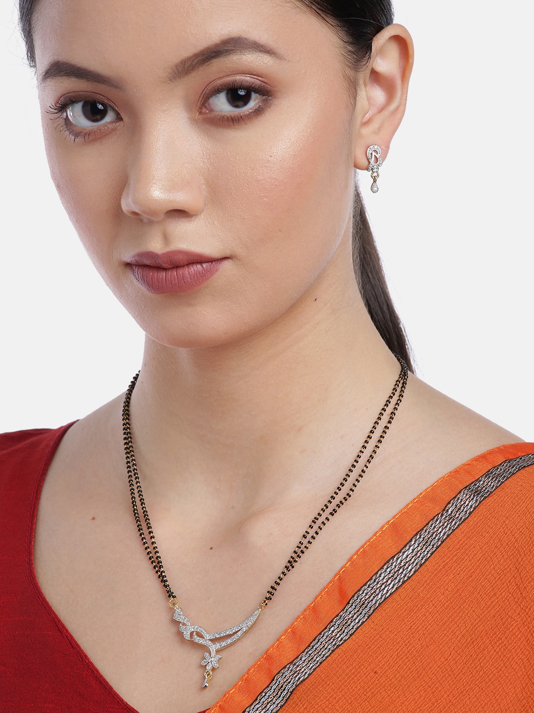 

YouBella Black Gold-Plated Stone-Studded & Beaded Dual-Stranded Mangalsutra with Earrings