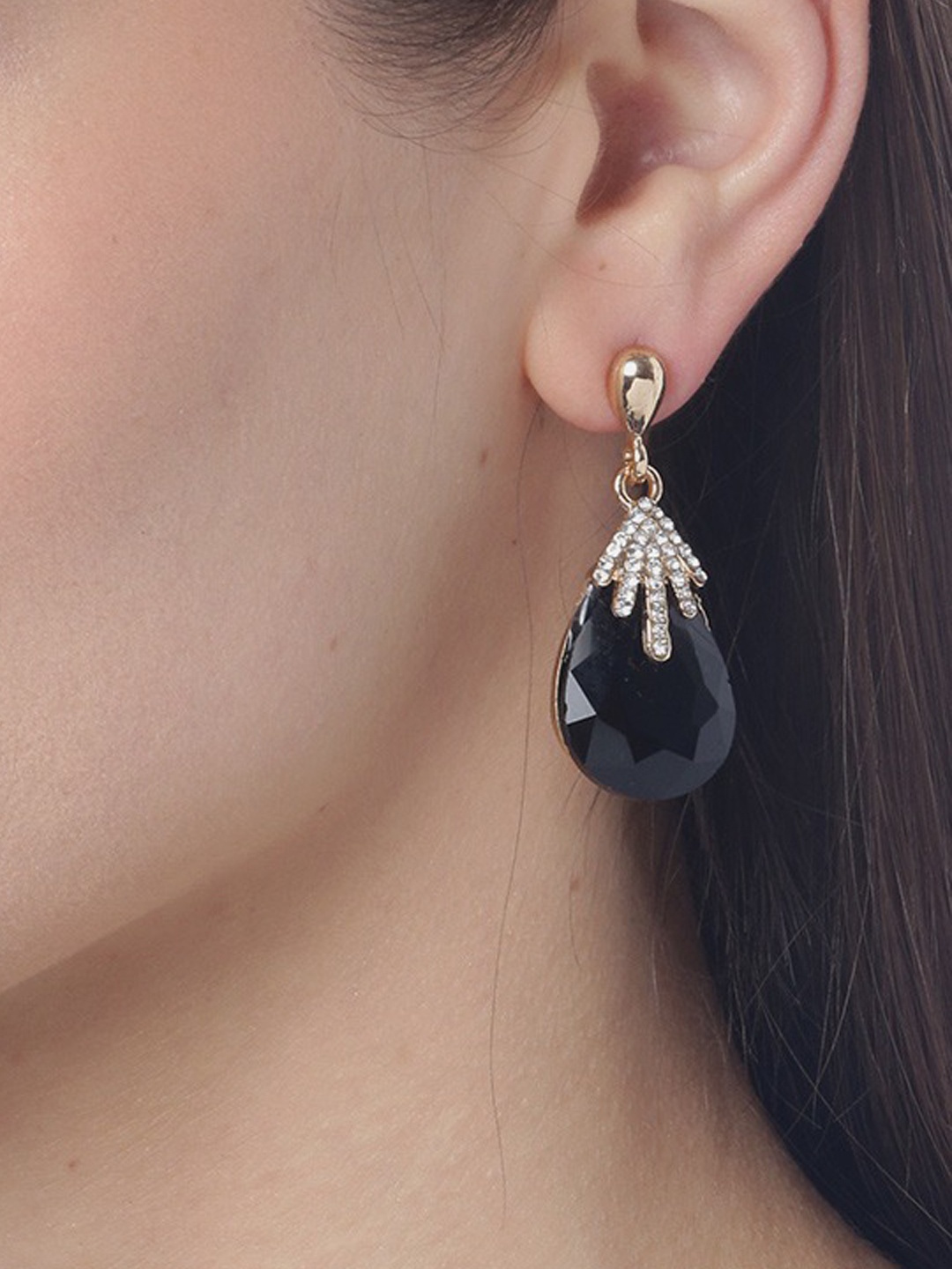 

YouBella Black Gold-Plated Stone-Studded Teardrop-Shaped Drop Earrings