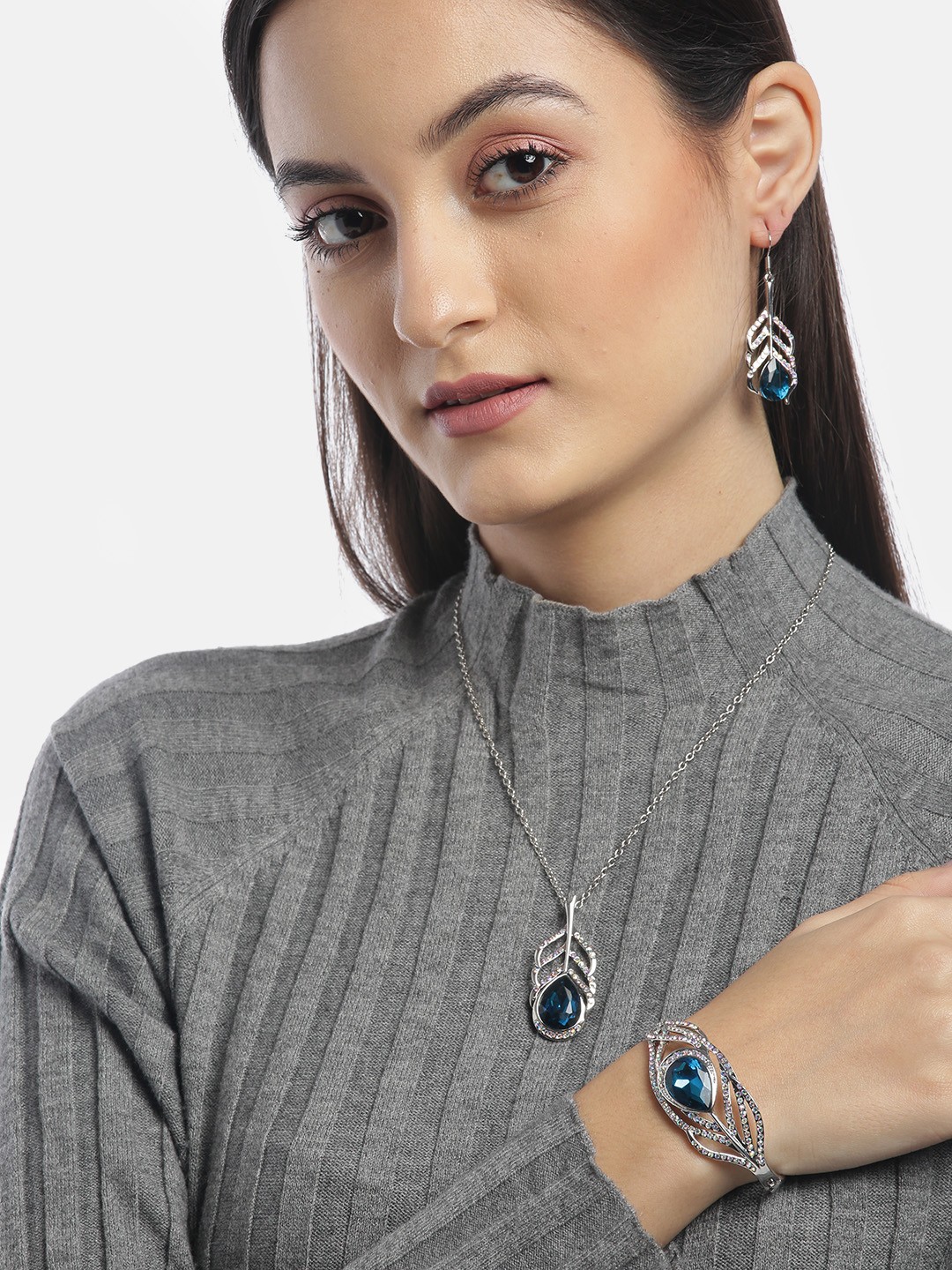 

YouBella Blue Silver-Plated Stone Studded Jewellery Set with Bracelet