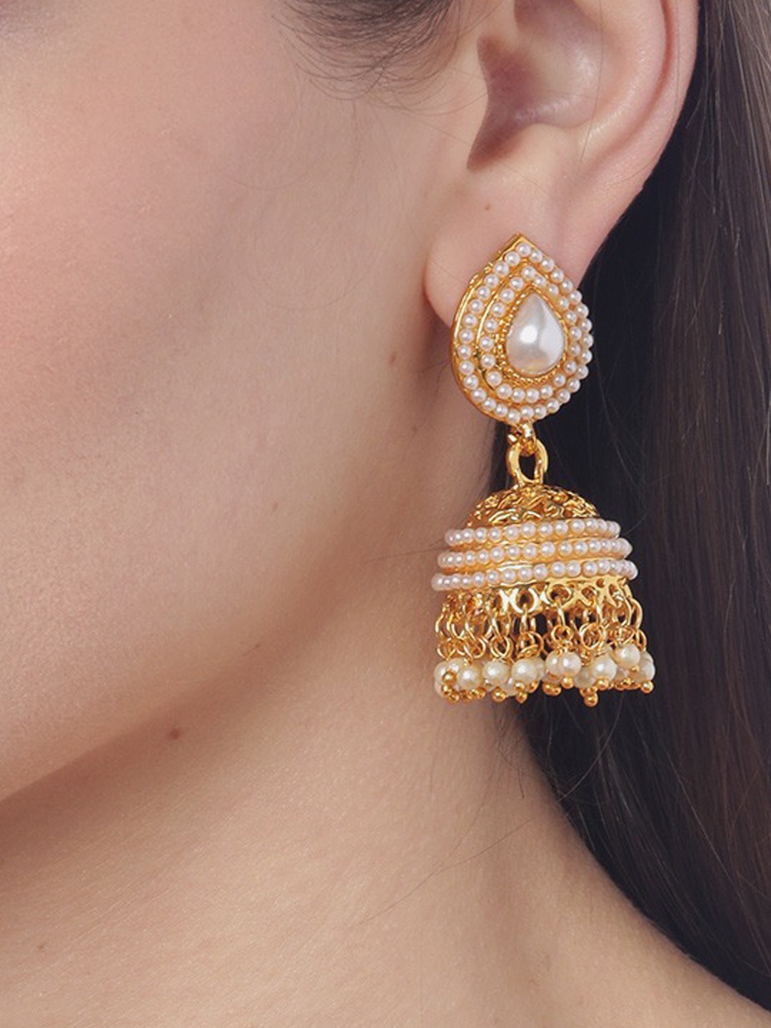 

YouBella Off-White Gold-Plated Beaded Dome-Shaped Jhumkas