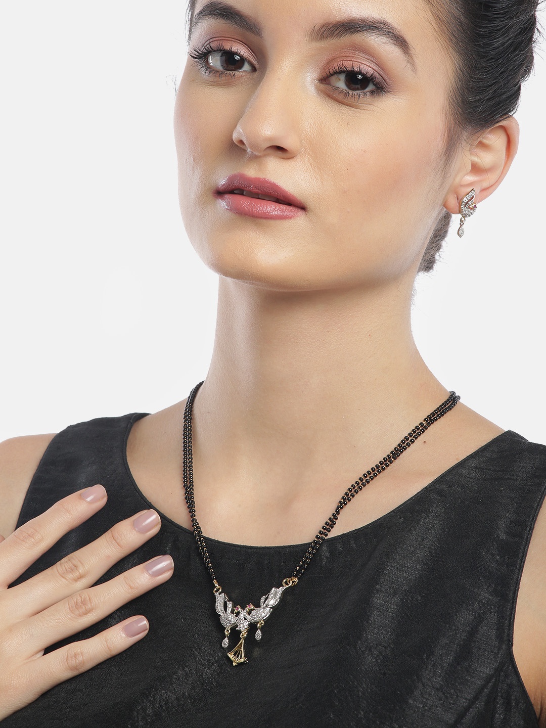 

YouBella Black Gold-Plated Beaded & Stone-Studded Mangalsutra & Earrings Set