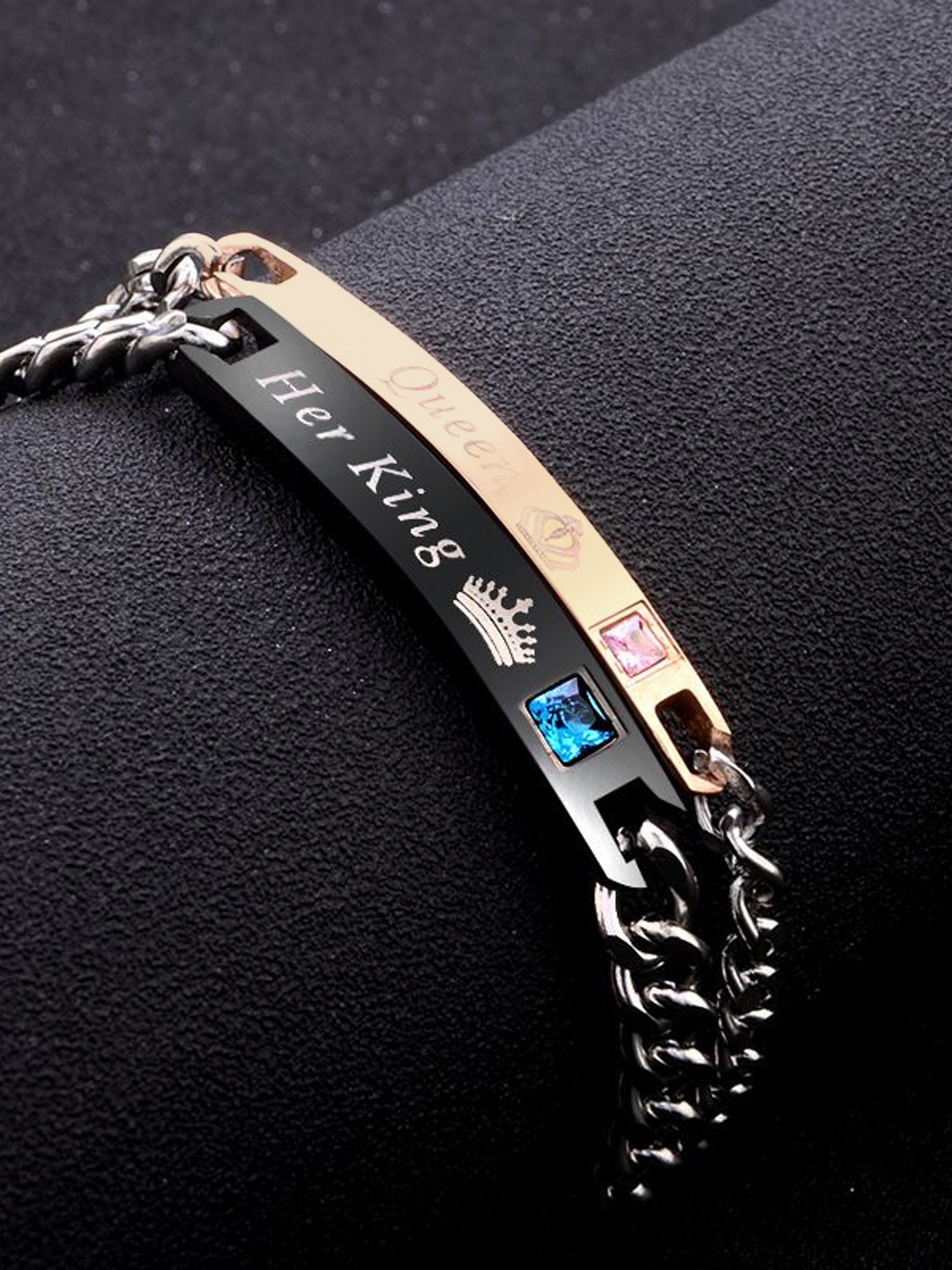 

YouBella Unisex Set of 2 Printed Stone Studded Couple Link Bracelets, Black