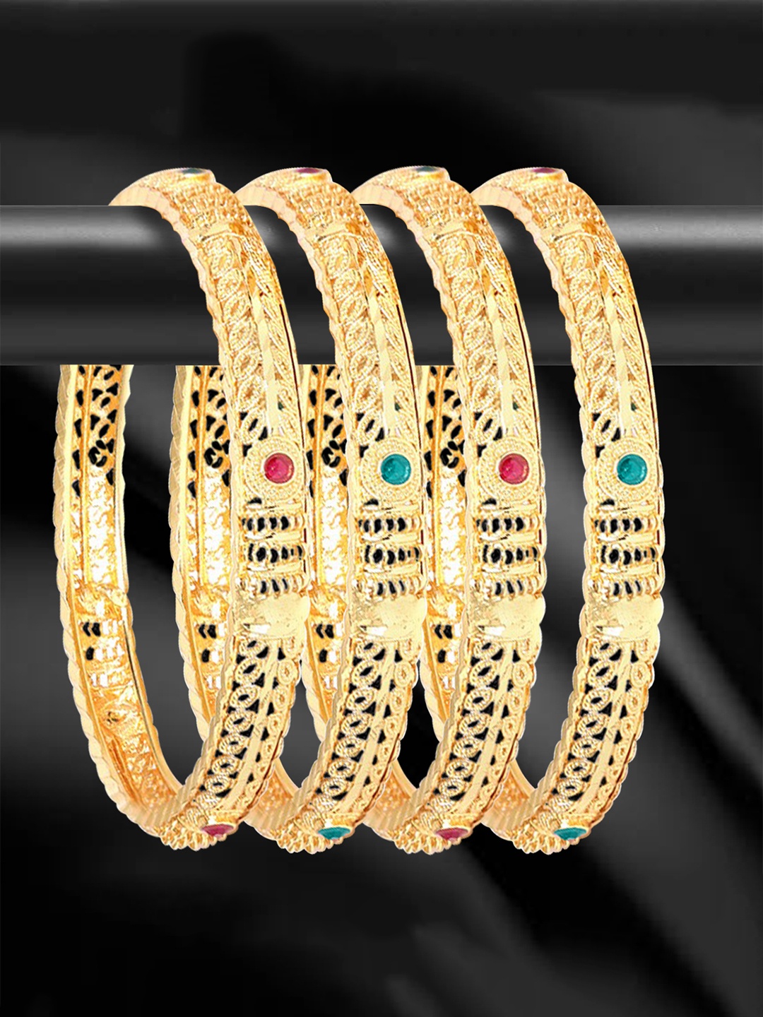 

YouBella Set of 4 Green & Magenta Gold-Plated Stone-Studded Bangles