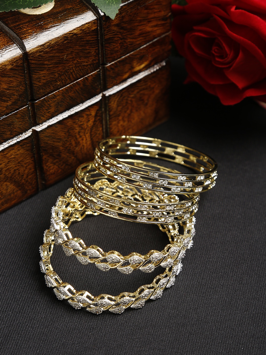 

YouBella Set of 4 Silver-Toned Gold-Plated Stone Studded Bangles