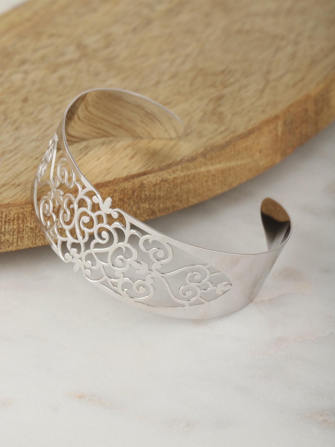 

Carlton London Silver-Toned Rhodium-Plated Cut-Work Cuff Bracelet