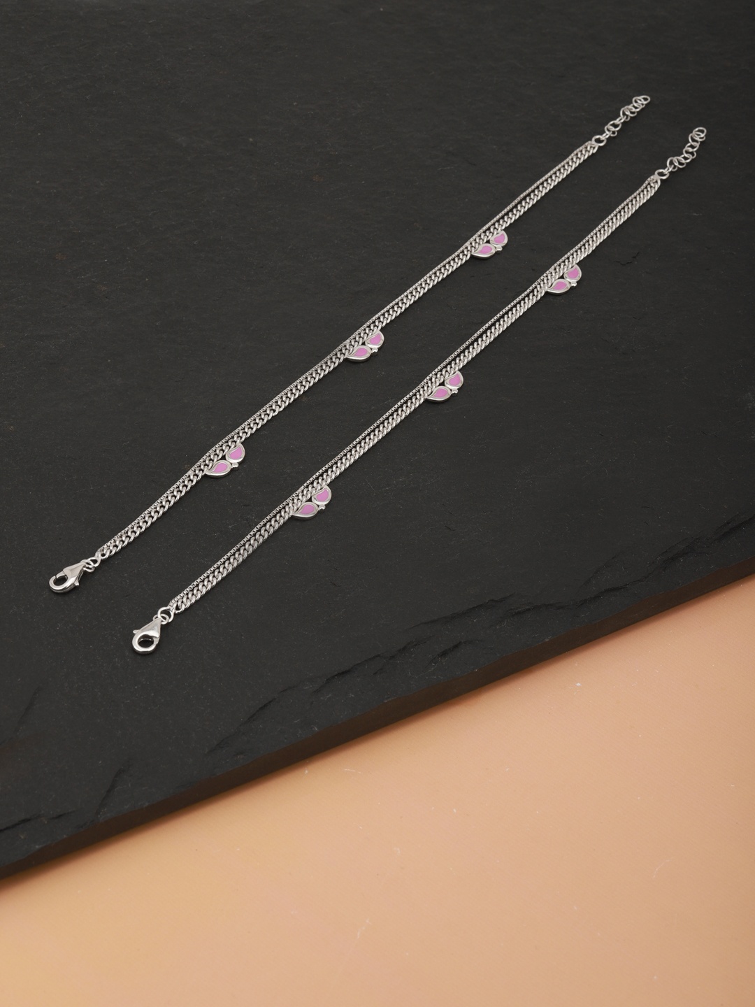 

Carlton London Set of 2 Silver-Toned & Pink Rhodium-Plated Dual Stranded Enamelled Anklets