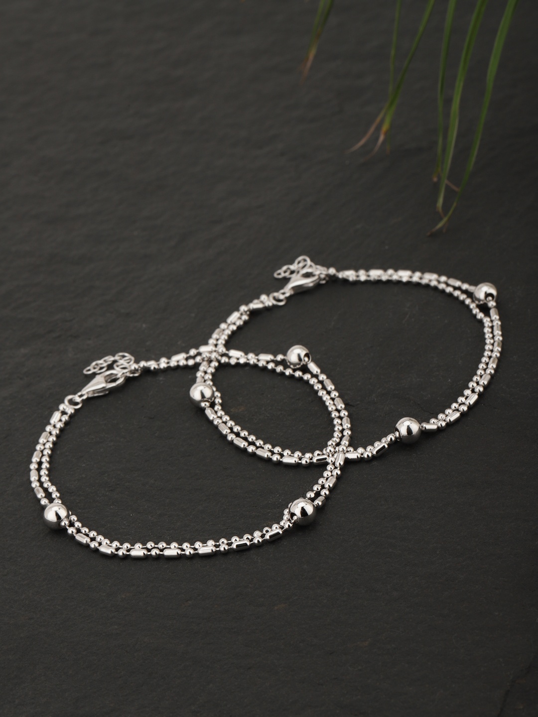 

Carlton London Set of 2 Silver-Toned Rhodium-Plated Beaded Layered Anklets