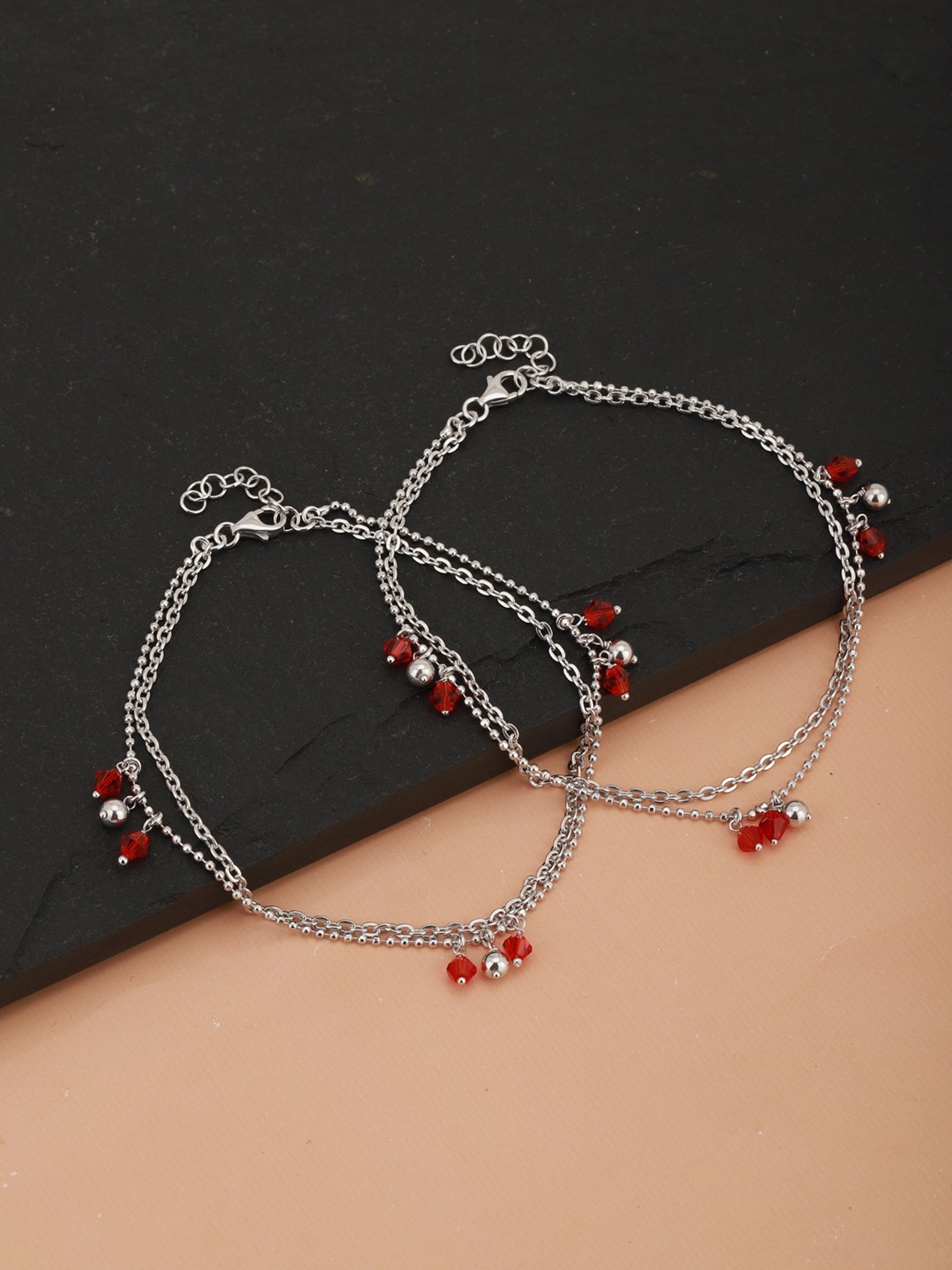 

Carlton London Set of 2 Silver-Toned & Red Rhodium-Plated Beaded Layered Anklets