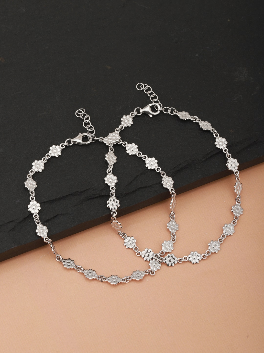 

Carlton London Set of 2 Silver-Toned Rhodium-Plated Floral Anklets