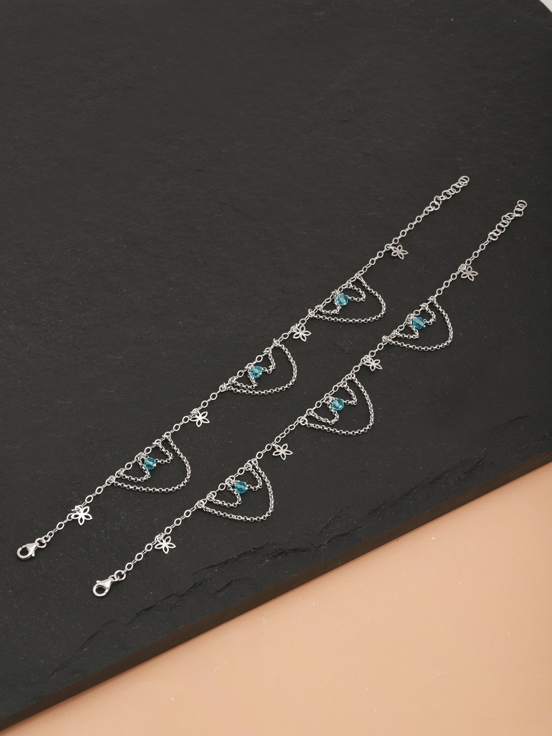 

Carlton London Set of 2 Silver-Toned & Blue Rhodium-Plated Beaded Layered Anklets