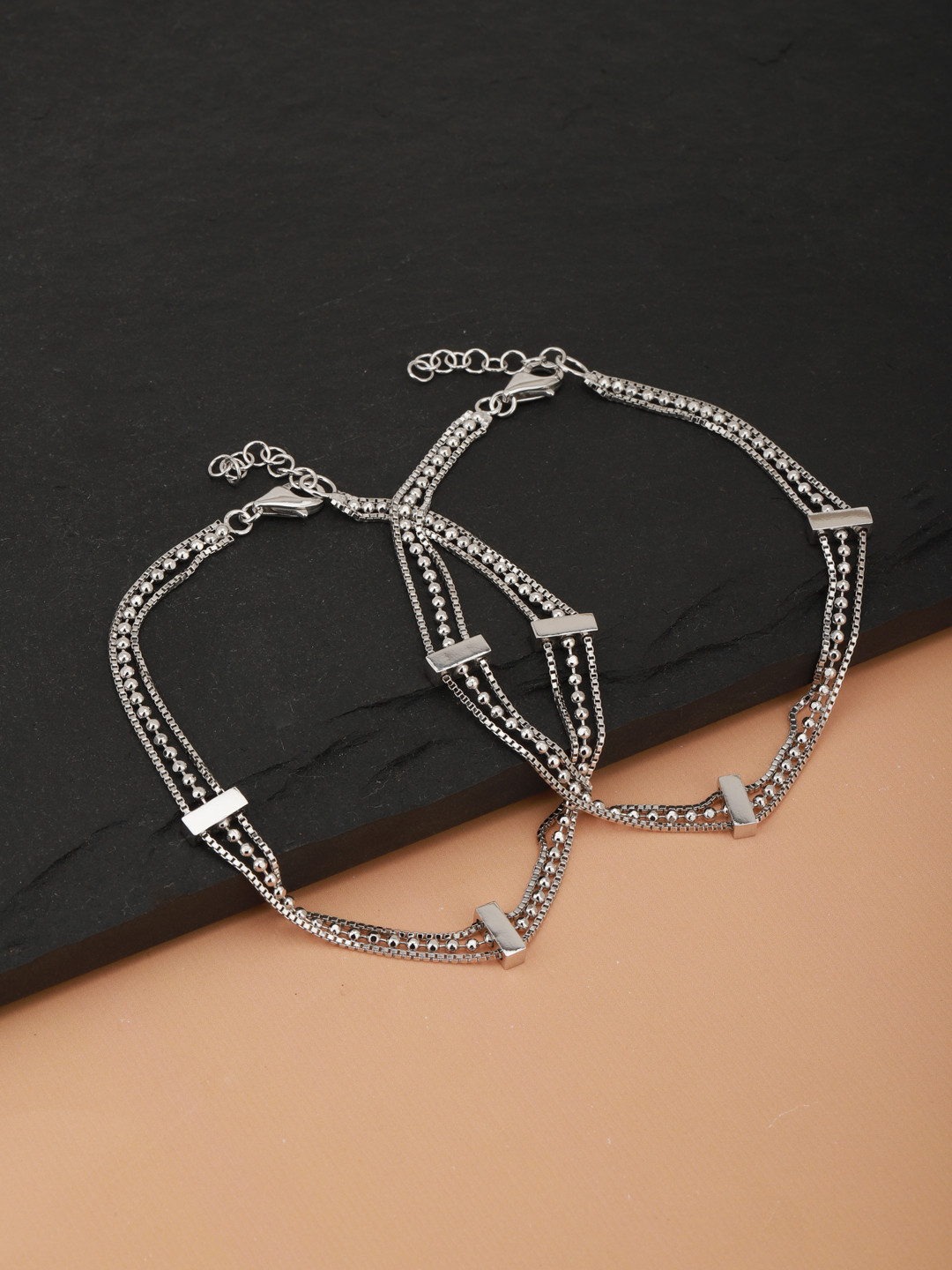 

Carlton London Set of 2 Silver-Toned Rhodium-Plated Layered Anklets