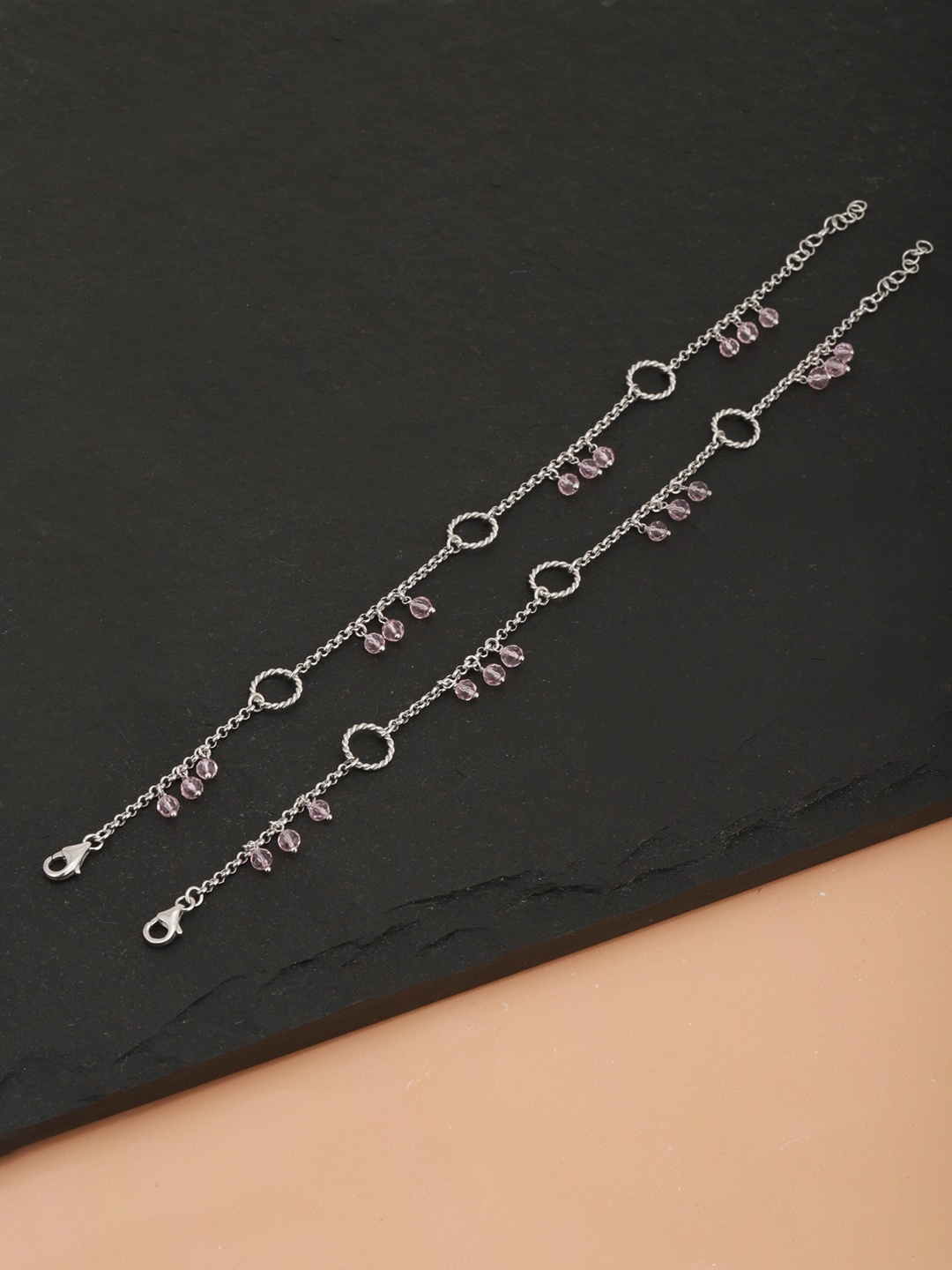 

Carlton London Set of 2 Silver-Toned & Pink Rhodium-Plated Beaded Anklets