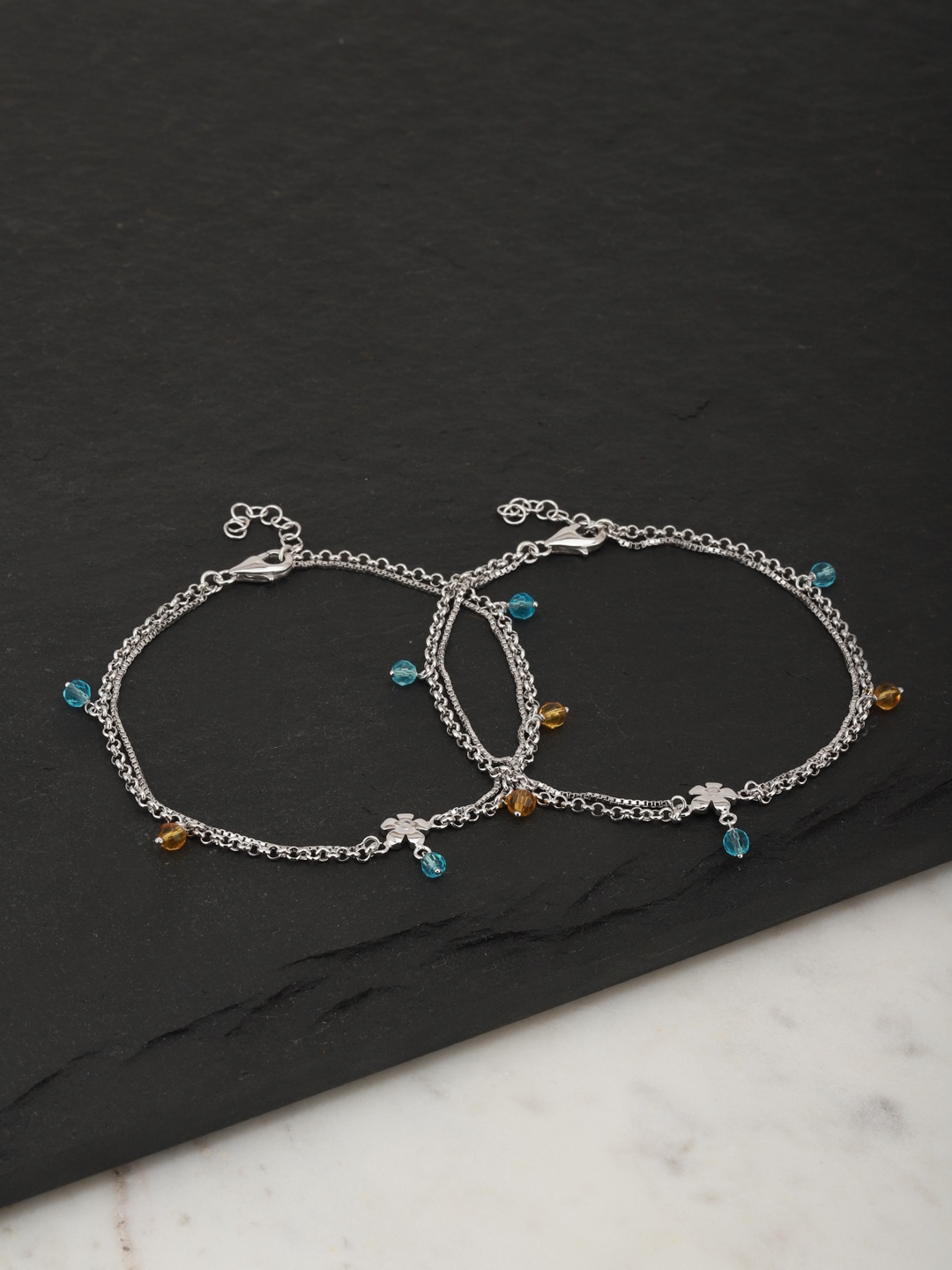 

Carlton London Set of 2 Silver-Toned & Blue Rhodium-Plated Beaded Layered Anklets