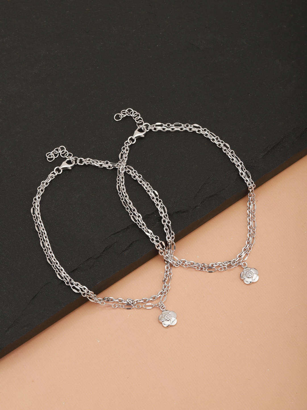 

Carlton London Set of 2 Silver-Toned Rhodium-Plated Layered Floral Link Anklets