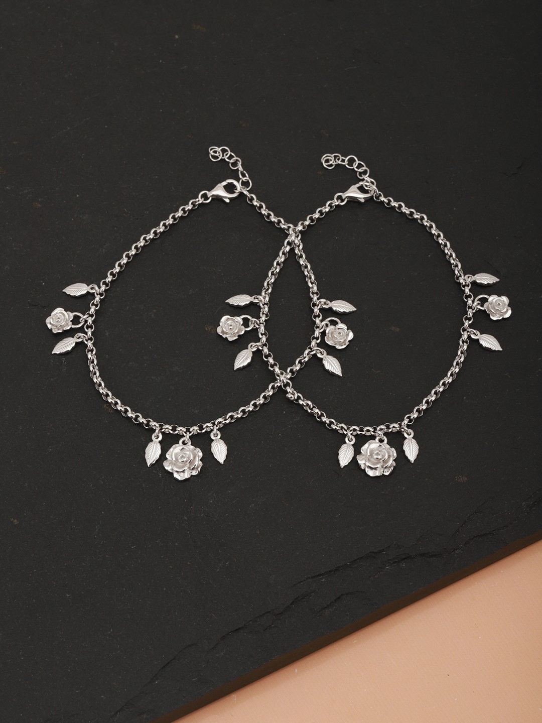 

Carlton London Set of 2 Silver-Toned Rhodium-Plated Floral & Leaf Shaped Anklets