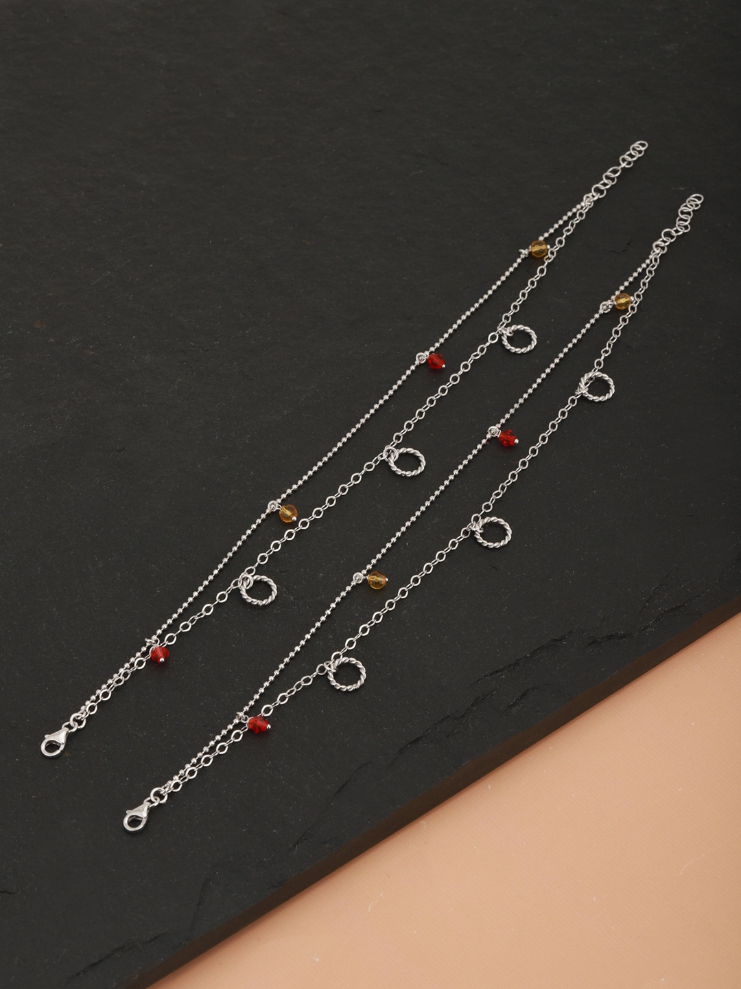 

Carlton London Set of 2 Silver-Toned & Red Rhodium-Plated Beaded Layered Anklets