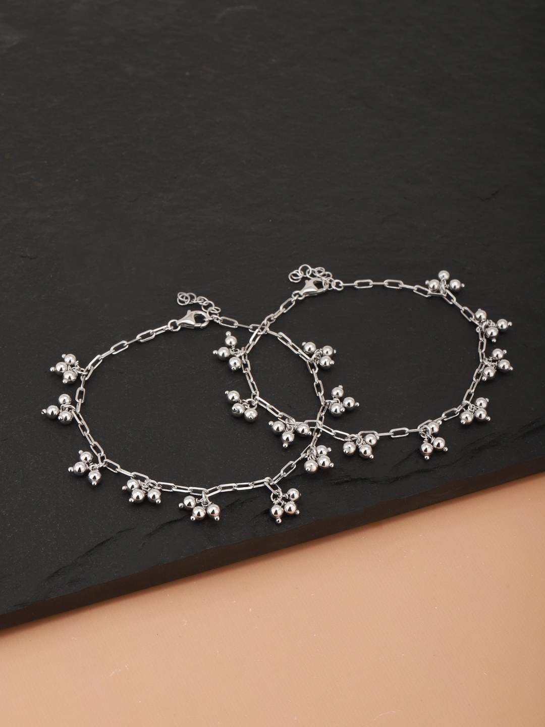 

Carlton London Set of 2 Silver-Toned Rhodium-Plated Beaded Link Anklets