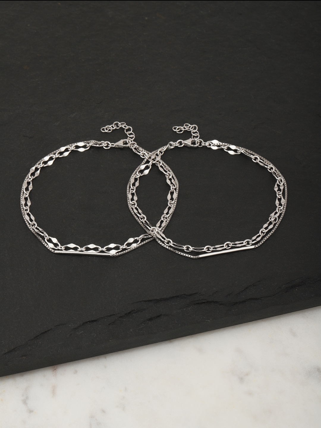 

Carlton London Set of 2 Silver-Toned Rhodium-Plated Layered Anklets