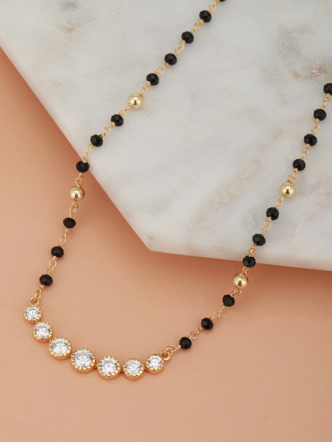 

Carlton London Black Gold-Plated CZ-Studded & Artificial Beaded Mangalsutra