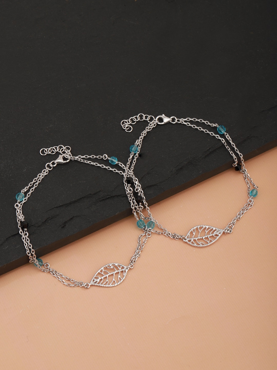 

Carlton London Set of 2 Silver-Toned Rhodium-Plated Beaded Layered Anklets