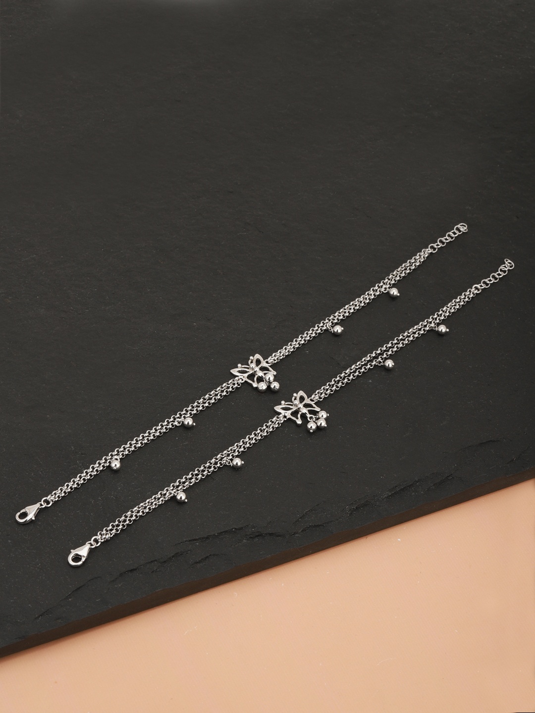 

Carlton London Set of 2 Silver-Toned Rhodium-Plated Butterfly-Shaped Dual Stranded Anklets
