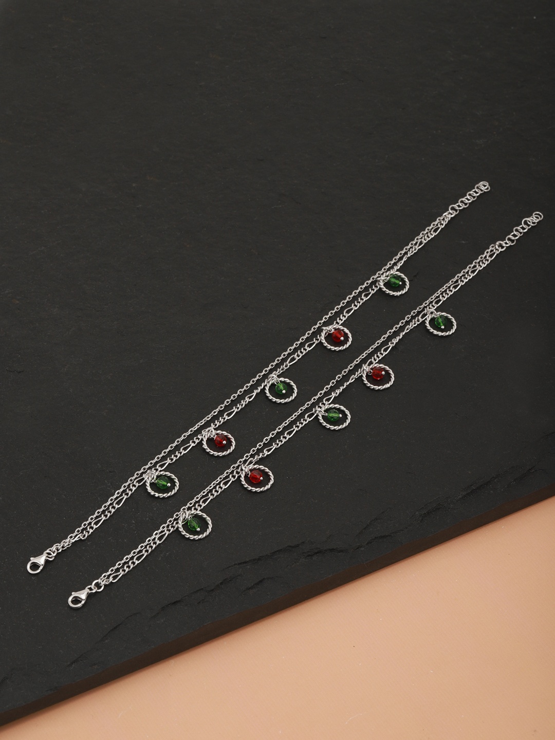 

Carlton London Set of 2 Silver-Toned & Green Beaded Rhodium-Plated Layered Anklets
